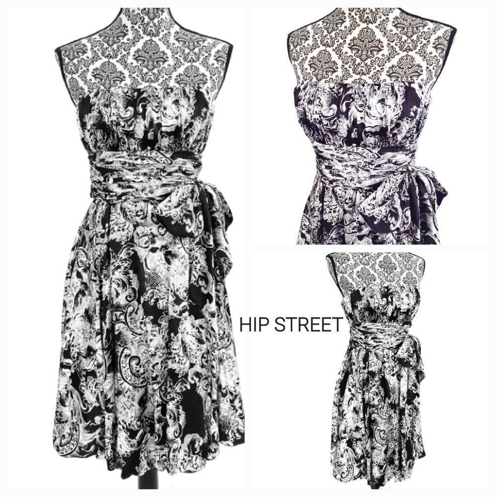 BCBG Damask Print Strapless Wrap Sash Waist Balloon Skirt SILK Party Dress 0